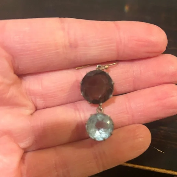 Vintage Gold Drop Earrings with Brown and Light Blue Stones - Picture 2 of 2